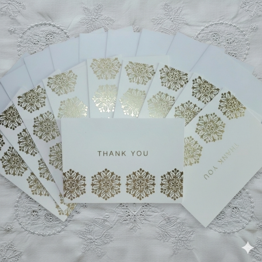 10 Thank You Greeting Card Hallmark Blank Inside White Gold Holiday Snowflake